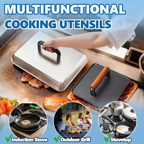 Image of SafBbcue 14 inch Stainless Steel Rectangle Cheese Melting Domer Basting Cover & Cast Iron Rectangle Griddle Smash Burger Grill Weight Press for Blackstone, Pitboss, Camp Chef Flat Top Grills Accessories