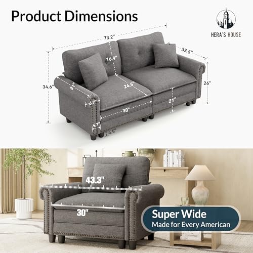 Image of HERA'S HOUSE 73.2 inch Modular Loveseat Cloud Couch Deep Seats & Rolled Arms | Mid-Century Modern 2-Seater Loveseat, Dark Grey, Nailhead Trim, Wider & Deeper Seats, Soft Linen Sofa for Living Room Bedroom