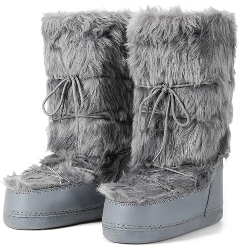 IXU Women's Faux Fur Boots Mid Calf Furry Fluffy Snow Boots