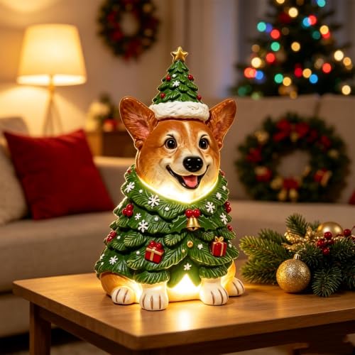 7.9 In Christmas Resin Corgi Figurine Led Lights, Table Lamp, Corgi Statue - image 5