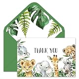 Whaline 50 Pack Safari Jungle Thank You Cards with Envelopes Stickers Jungle Animal Greeting Cards Watercolor Forest Animal Cartoon Blank Note Cards for Birthday Baby Shower Party Supplies