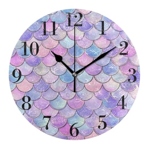 susiyo Mermaid Fish Scale Wall Clock 9.8 Inch Silent Round Wall Clock Battery Operated Non Ticking Creative Decorative Clock for Kids Living Room Bedroom Office Kitchen Home Decor