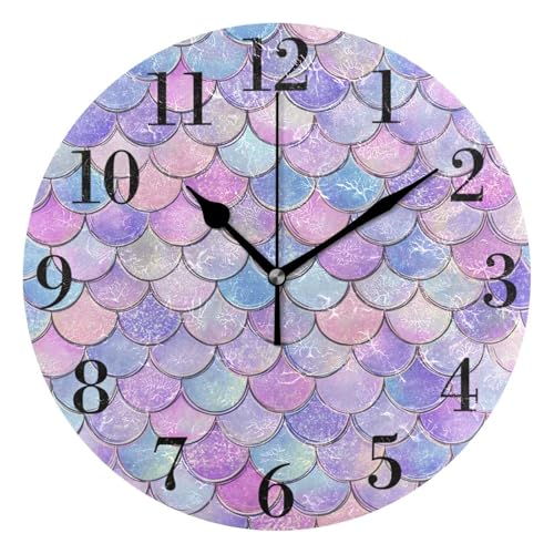 Image of susiyo Mermaid Fish Scale Wall Clock 9.8 Inch Silent Round Wall Clock Battery Operated Non Ticking Creative Decorative Clock for Kids Living Room Bedroom Office Kitchen Home Decor
