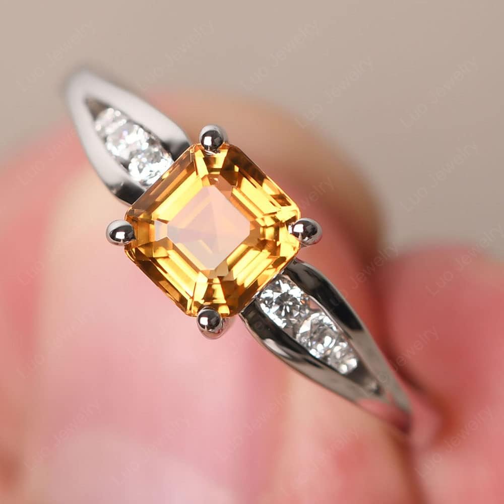 LUO S925 Sterling Silver Asscher Cut 6X6 MM Gemstone Promise Ring Split Shank Engagement Ring for Women Size 3-13 Jewelry