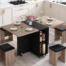 5 PCS Farmhouse Dining Table Set for 4,60" Large Folding Dining Table Set w/ 4 Leather Chairs, Drop Leaf Foldable Kitchen Table for Small Spaces,Barn Door Design,6 Wheels,2-Layer Storage Shelf,Black