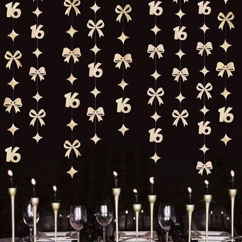 Image of Champagne Gold 16th Bow Birthday Decorations Champagne Conquette Bow Garland Streamer Banner Backdrop for Girls Boys Happy 16th Birthday Sweet Sixteen Cheers to 16 Years Old Anniversary Party Supplies