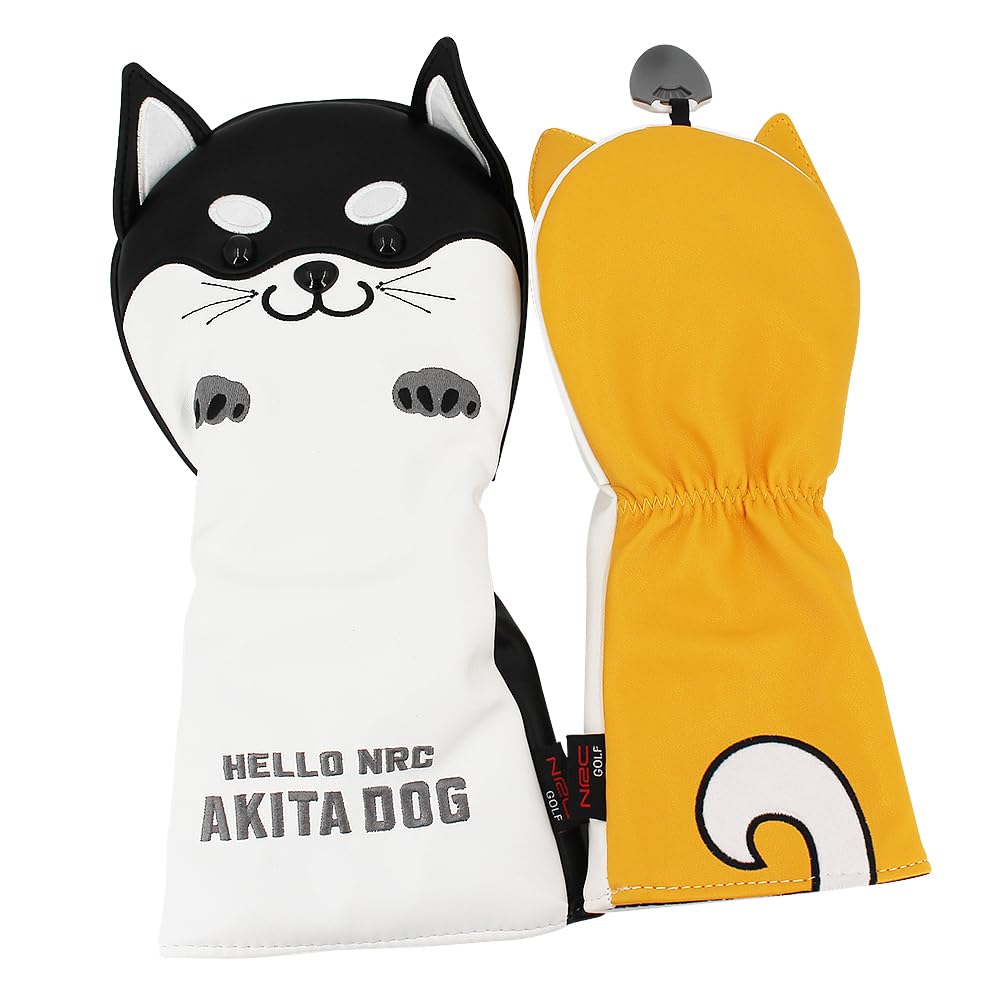 Golf SchläGerkopfhüLlen Golfschlägerkopfhaube for Driver Fairway Hybrid Cute Akita Golfputter-Abdeckung Aus PU-Leder, wasserdichte Schutzabdeckung(Yellow for Driver)