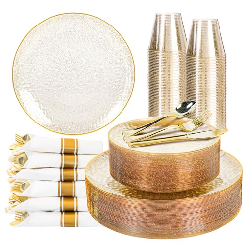HOMIP 175PCS Plastic Dinnerware Set (25 Guests), Clear Party Plates Include 25 Dinner Plate, 25 Dessert Plate, 25 Cups, 25 Gold Cutlery Set And Pefect for Party and Wedding