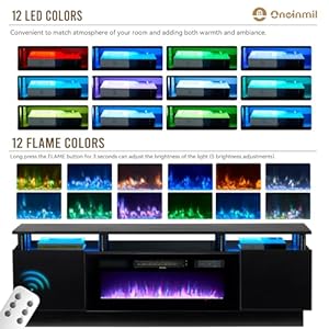 oneinmil 70 Modern Electric Fireplace TV Stand for TVs Up to 80 inch with Electronic Flame and LED Lights Luxury High Gloss Finish Entertainment Center TV Console Cabinet for Living Room Black
