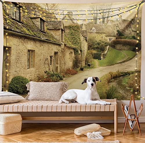 Ambesonne European Tapestry, British Town With Stone Houses Retro England Countryside Buildings Image Print, Wall Hanging For Bedroom Living Room Dorm Decor, 40" X 60", Grey Green #TOP7