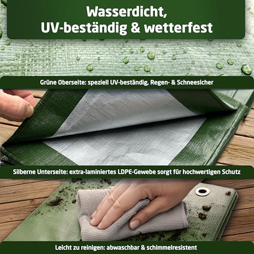 WALDNER Abdeckplane 240 g/m² | Gewebeplane mit Ösen UV-beständig & reißfest | Schutzplane für Gartenmöbel, Holz, Abdeckplane Auto, Boot & Camping | Plane (Grün/Silber, 2 x 3 m)