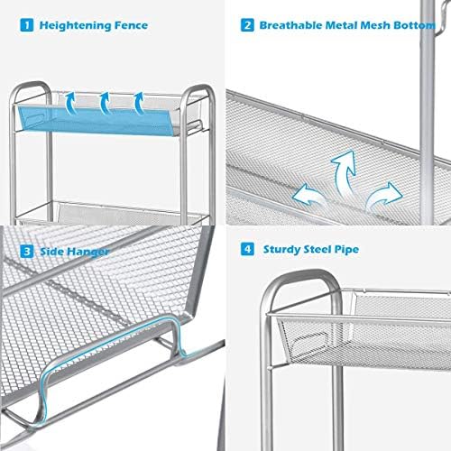 CASART 3-Tier Mesh Rolling Utility Cart, Metal Storage Trolley with Lockable Wheels, Multifunction Organizer Shelf Serving Cart for Bathroom Bedroom Kitchen Office (Grey)