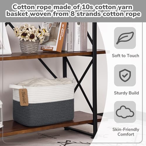 Image of Goodpick Woven Rope Storage Basket for Shelves, Rectangle, Dark Gray | 13 inch x 10 inch x 9 inch Stylish Gift Basket for Home Decor, Cotton Rope Baskets for Baby Toys, Books & Towels Storage, Writable Label