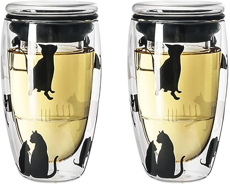 Amazon 450ml かわいい食器 黒ねこと赤ねこ 二重壁ガラスカップマグカップ ダブルウォールガラス 二重構造耐熱ガラス 真空断熱 高ほう素ガラス 蓋 お茶を持ってグラスを漉します 断熱 カップを入れます 事務室のコップを使います お父さん お母さん 彼女に