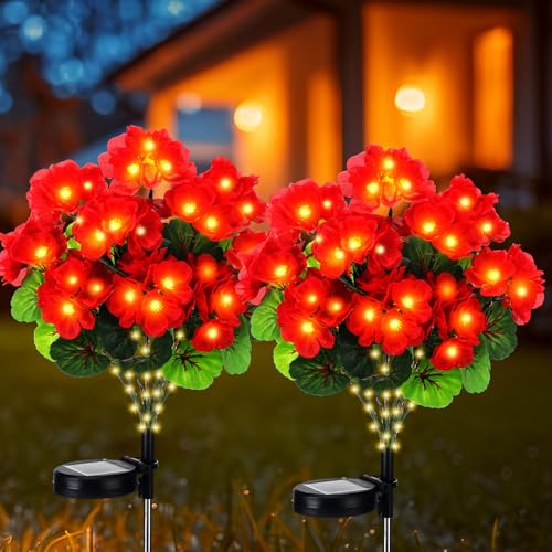 Huquary 2 Pcs Solar Geraniums Lights Outdoor Waterproof for Garden
