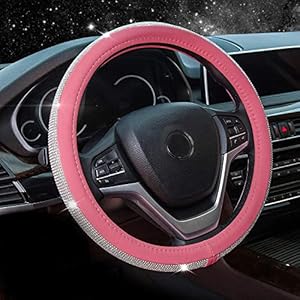 New Diamond Leather Steering Wheel Cover with Bling Bling Crystal Rhinestones, Universal Fit 15 Inch Car Wheel Protector for Women Girls (Pink)