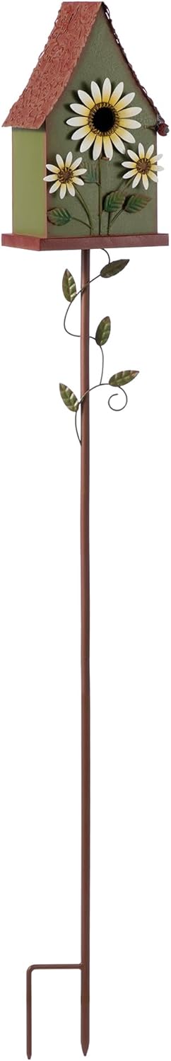 Glitzhome 屋外用バードハウス、屋外用バードハウスステーク、52インチH メタルバードハウス 装飾デイジーバードハウス ガー