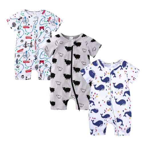 Petalum Baby Mädchen Pyjama Sommer aus Baumwolle Kurzarm mit Reißverschluss 3pcs Kleinkind Jungen Schlafstrampler Drucken Jumpsuit Body Spieler Outfits 24-36Monate Set P Cover
