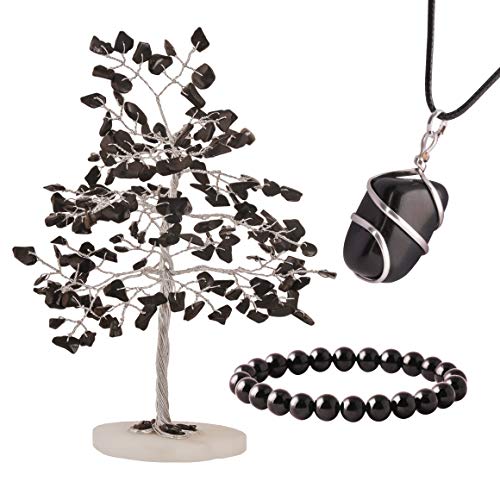 SUBYATH Black Tourmaline Feng Shui Money Bonsai Tree of Life | Natural Crystal Good Luck Tumbled Pendant & Bracelet Altar Home Décor Wealth Prosperity Handmade Spiritual Abundance Gift