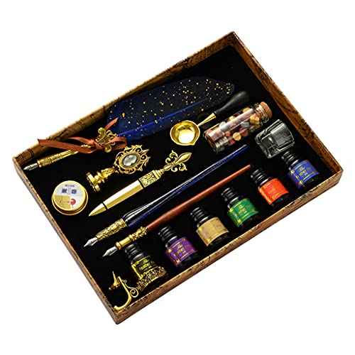 Retro Writing Quill Dip Pen Wax Kit Exquisite Wood Dip Pen Glass Calligraphy Pen Quill Dip Pen Set Gift For Beginners Calligraphy Pen Penholder Set With Ink Professional For Writing Beginners Left #TOP5