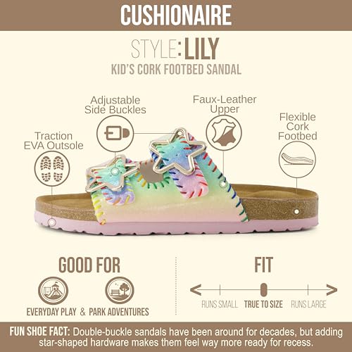Image of CUSHIONAIRE Lily Girl Toddler Sandals with Adjustable Gold Tone Star Buckles and Cushioned Cork Footbed Slip On Girls Slides for Kids