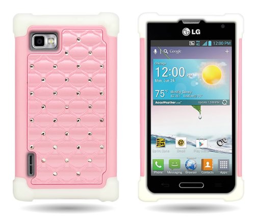 CoverON Hybrid Dual Layer Diamond Case for LG Optimus F3 Metro PCS / T-Mobile - Light Pink Hard White Soft Silicone