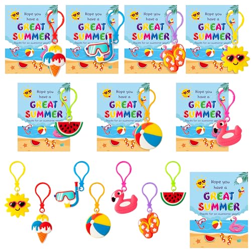 Haooryx End of Year Gift Card with Summer Keychain - 28 Pack End of School Year Student Keychain with Greeting Card Cute Summer Key Ring for Kid Classroom School Prizes Favor Exchange Gift Supplies
