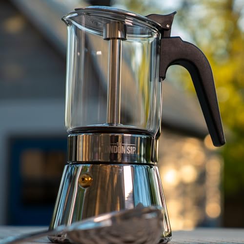 Image of The London Sip Glass and Stainless Steel Stovetop Espresso Maker Moka Pot Italian Coffee Percolator, Glass, Medium (10.14 oz)
