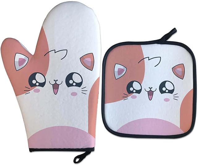 kit Luva Térmica Gatinho Kawaii Cozinha Criativa Geek cor:Branco