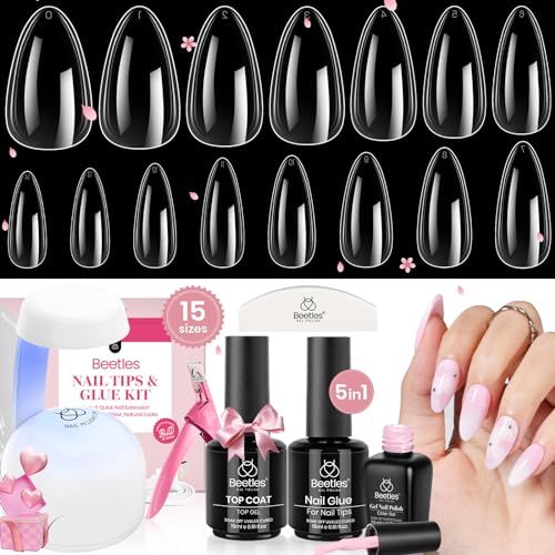 Gelab cosmetics LLC Beetles Gel Nail Kit Curve-EX, Almond Short, 320pcs 16 Sizes Nail tips, with 15g Nail Glue Gel Hands-Free, 7.5ml Base Gel & Top Coat, Mini Lamp, for Acrylic Press On Nail, Extension DIY Set at Home