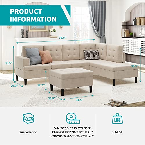 Balus Upholstered Tufted Sectional Sofa, Oversized Sectional Sleeper Sofa Couch With Chaise Movable Ottoma Microsuede Fabric Sofa Set 4 Seat L-Shape Couches For Living Room, Apartment (Beige) #TOP1