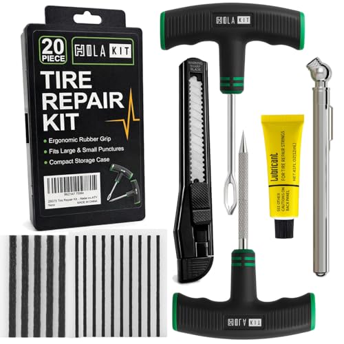 20PCS Tire Repair Kit – Flat Tire Plug Kit includes Ergonomic T-Handle Tools with Rubber Covered Grip, 2 Sizes Tire Repair strips, Knife, Tire Pressure Gauge & Lubricant – Car, SUV, Motorcycle, ATV