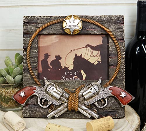Ebros Gift Rustic Western Wild West Us Marshall Dual Pistol Revolver Guns With Braided Lasso Ropes Frame With Easel Back Stand 6"X4" Photo Cowboy Cowgirl Desert Old World Themed Accent #TOP5