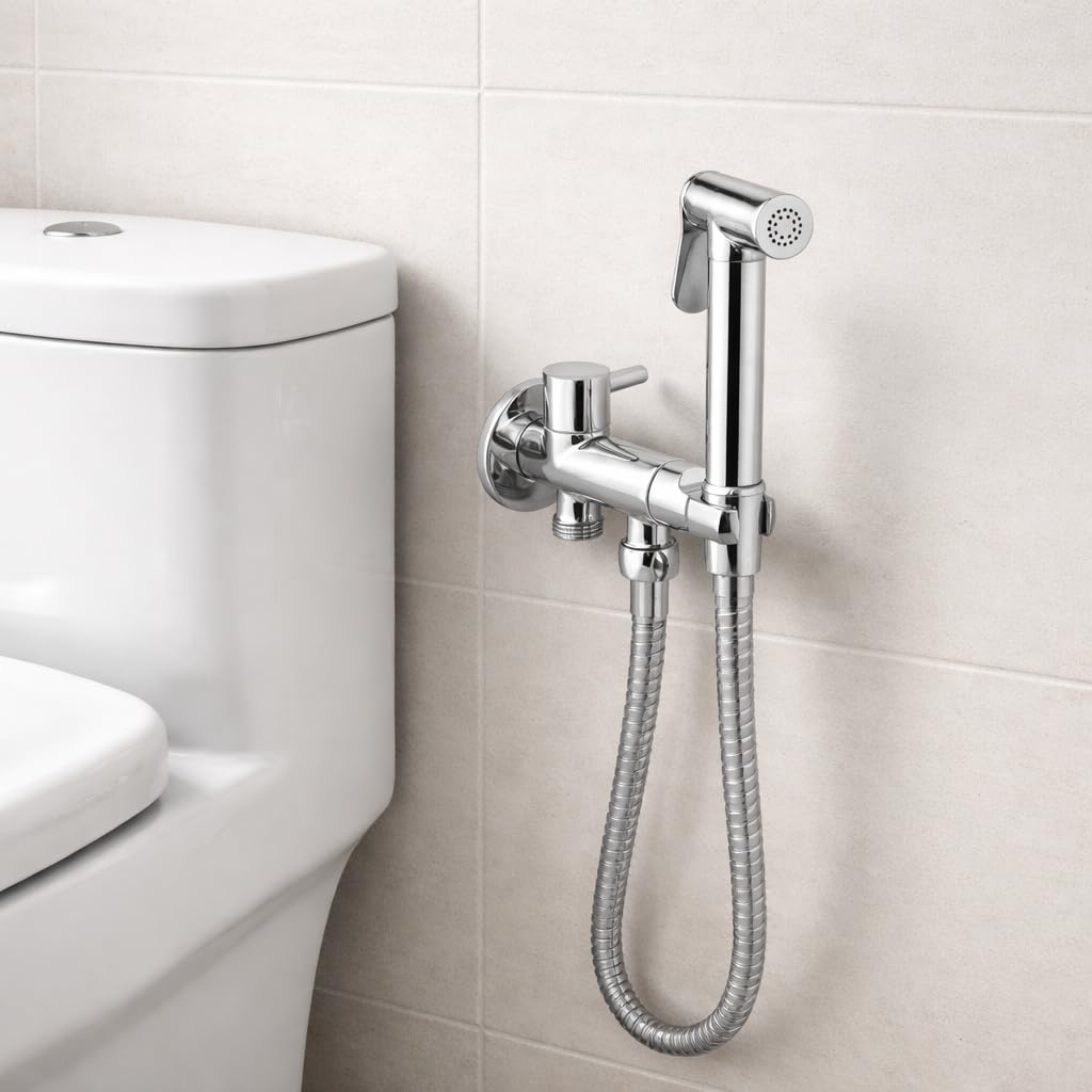 Grifo bidé visto Safe Stop 1 agua – Kit con teleducha, soporte y flexo 120 cm, conexión a la toma de la cisterna, doble salida (cisterna + bidé), cuerpo de latón cromado