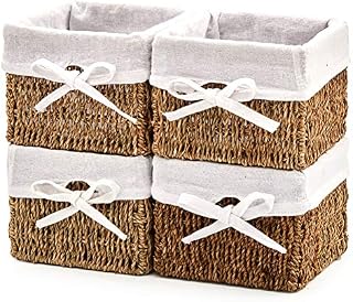 EZOWare Set of 4 Seagrass Wicker Woven Baskets, Square Natural Storage Cube Box Bins with Removable Liners - (18 x 18 x 14 cm, Brown )