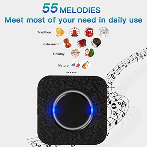 PewinGo Wireless Doorbell, Cordless Door Bells 300m Long Range with IP55 Waterproof, 55 Tunes, 5-Level Adjustable Volume & Blue Light Indicator-Wall Plug-in Speaker, Battery Operated Button-Black