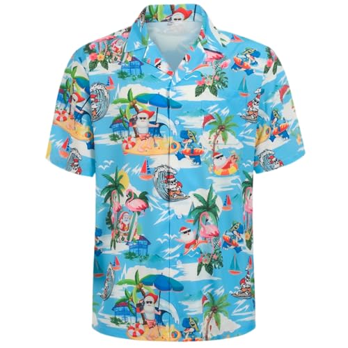 Regenboog Christmas Hawaiian Shirts for Men Women Mens Christmas Button Up Shirts Blue Ugly Xmas Shirt for Beach Costume Santa Button Up Shirt 3XL