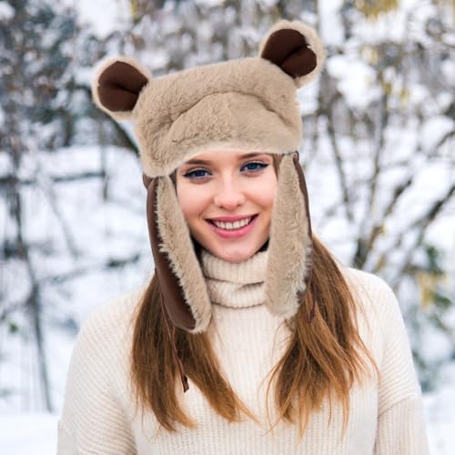 SUPVOX Adorable Bear Ear Plush Hat for Winter Outdoor Activities Thick Insulated Beanie for Hiking Cycling and Skiing Cute and Warm Ear Protection Cap Coffee4