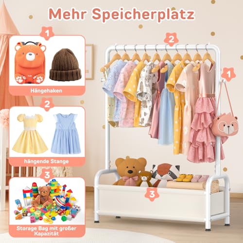 ZHKINGGS Kinder Garderobe Kleiderständer 80×30×125cm, Kinder Kleiderständer mit 2 Haken + Aufbewahrungskorb, U-förmiges Basisdesign, Kindergarderobe für Kinderzimmer