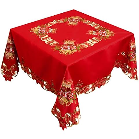 Grelucgo Embroidered Christmas Holiday Red Tablecloth (Square 54 Inches) Cover