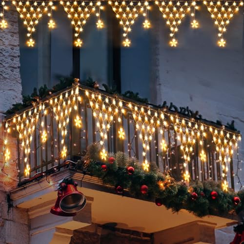 MINIAO Christmas Lights Outdoor Decorations 218 LED 13.8ft Curtain Fairy Lights with 12 Drops, Clear Wire LED String Light Decor with 8 Modes for Wedding Party Holiday Christmas Indoor Outdoor Decor