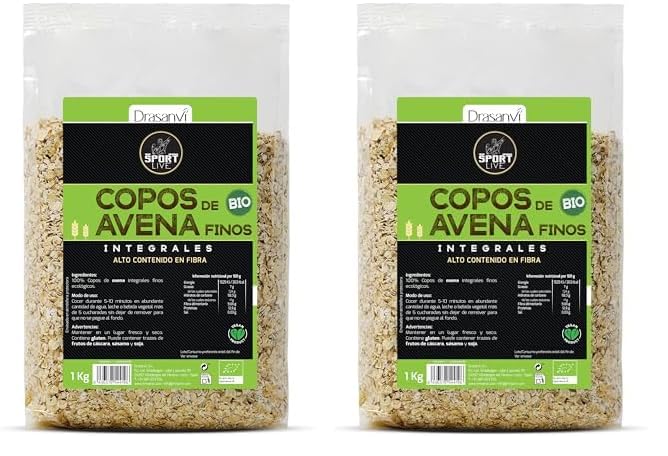 Drasanvi SPORT LIVE Copos de Avena Finos Integrales BIO | Fuente natural de proteínas y Vitaminas del grupo B y E | Alto contenido en Fibra | 1kg (Paquete de 2)