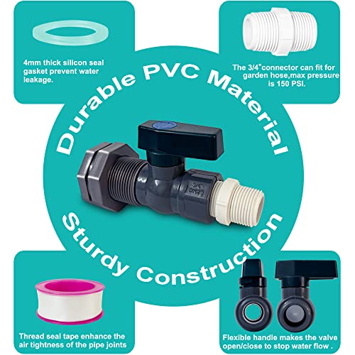 Voaesdk 2 Pack Rain Barrel Diverter Kit, 3/4 Inch PVC Garden Water Barrel Spigot Kit with Bulkhead Fitting Hose Faucet Adapter and Thread Seal Tape for Water Tanks,Aquariums,Tubs,Pools,Garden Barrels