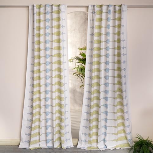 Image of Tranquebar Curtain Co. Window Curtains 5 Feet, 60-65% Room Darkening,Blue-Green Geometric Print, Cotton Curtains for Window, Cotton Curtains 5 Feet Long Set of 2,BackTab Loops,Tavi (152 cm) - Set of 2