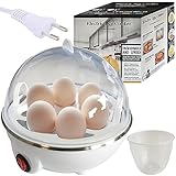 Von 1 bis 7 Eiern auf einmal – Der Eierkocher hat eine praktische Kapazität, um bis zu 1–7 Eier auf einmal zu kochen. Diese Größe des Behälters ist perfekt für Familien, Paare oder Gruppen von Freunden, die köstliche Eier genießen möchten. Dank dieser Funktion können Sie ausreichend Eier für mehr Personen zubereiten, ohne sie in mehreren Portionen kochen zu müssen. Sie werden es besonders zu schätzen wissen, wenn Sie das Frühstück für die ganze Familie zubereiten oder auf Partys.