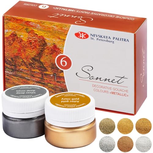 nevskaya palitra Gouache Metallic color Set | 6 x 20 ml näpfchen | Inka Oro, Aztec Oro, bronce, cobre, plata luz, plata de profundidad, calidad de Sonnet