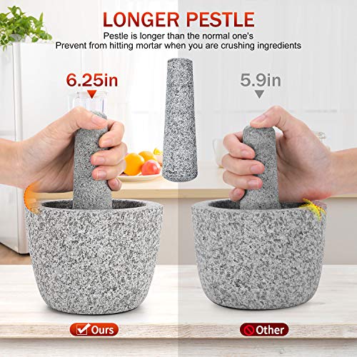 Mortar and Pestle Set with Longer Pestle(6.25'') and Anti-scratch Pad, Granite Unpolished Molcajete, Spices Grinder for Guacamole, Herb, Spices, Pastes, Salads - Thumbnail 3