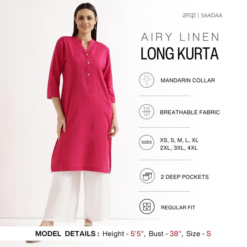 Image of SAADAA Women's Linen Straight Fit Straight Long Kurta Airy Plain Kurta, 3 /4 Sleeve, Knee Length Kurtis with Pockets, Casual and Office Wear