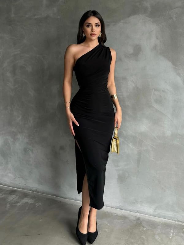 Vestito Donna Elegante Monospalla Abito da Cerimonia Senza Maniche Lungo Vestito Sexy Abito da Sera Partito Estivo Vestiti con Spacco Bodycon Maxi Abiti da Cocktail Festa Banchetto