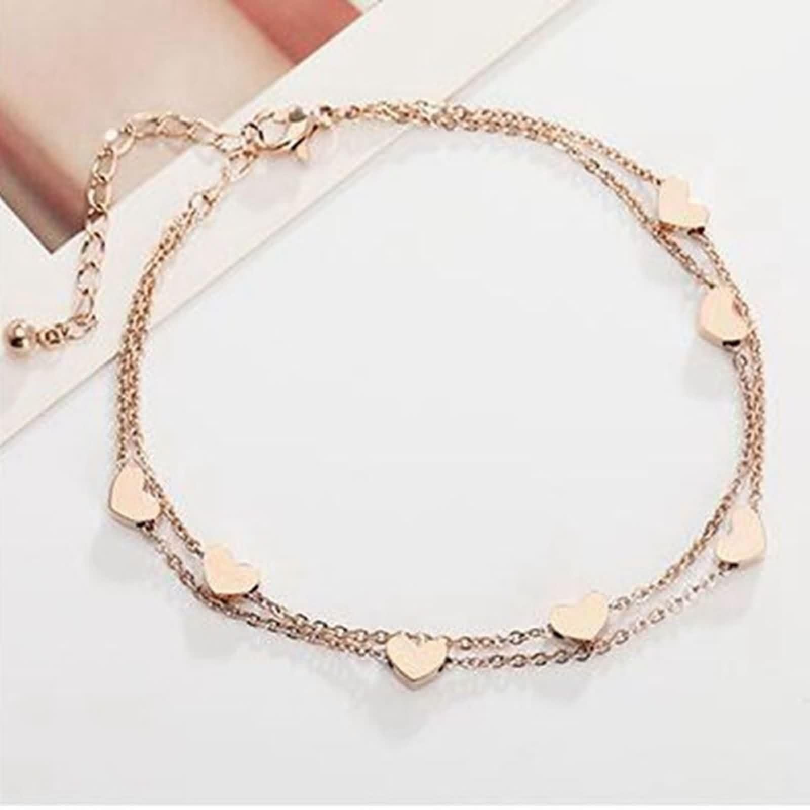 Tobillera de playa de oro rosa de 9 quilates, Au375, oro rosa, cadena doble con corazón, joya para el pie, descalzo, verano, vacaciones, para mujeres, madres, niñas, 30 cm de longitud